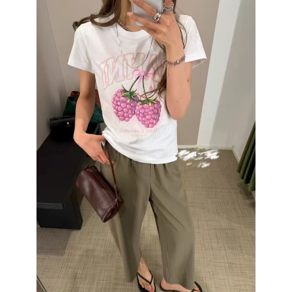 [SR-STUDIO] GA 2026 Phong Cách Mới Niche Raspberry In Hình Cổ Tròn Rời Cotton Nguyên Chất Áo Thun Ta