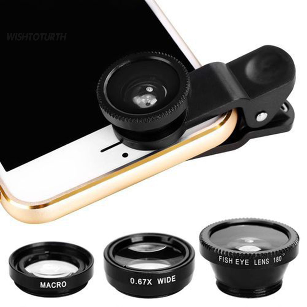 ☼WT 3 trong 1 Điện Thoại Di Động Camera Mắt Cá Macro Bộ Ống Kính Góc Siêu Rộng Có Kẹp