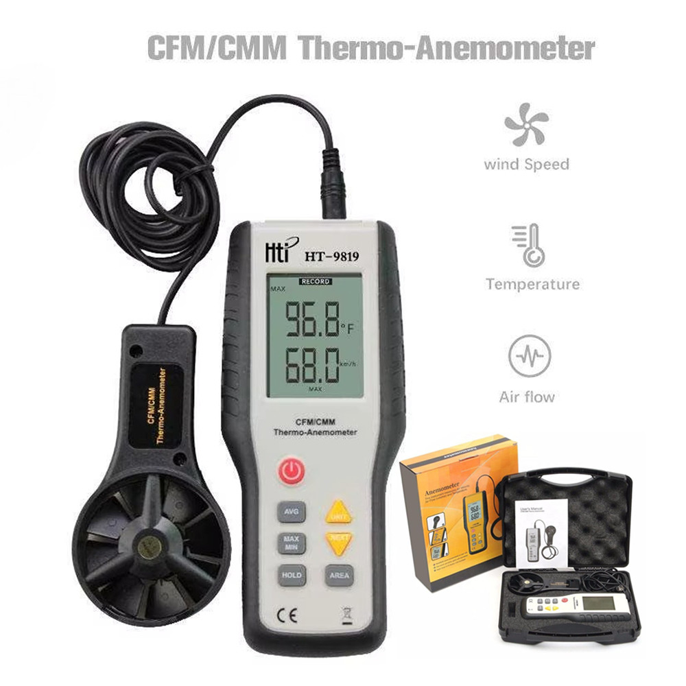 HT-9819 CFM / CMM Máy đo lưu lượng không khí Máy đo tốc độ gió kỹ thuật số có đèn nền 0,4-30,0m / s