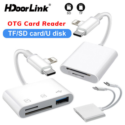 Đầu đọc thẻ HdoorLink 3 trong 1 cho IOS 17 16 15 USB C / Light-ing sang USB SD Thẻ TF Trail Camera Viewer Giao diện kép Hub OTG