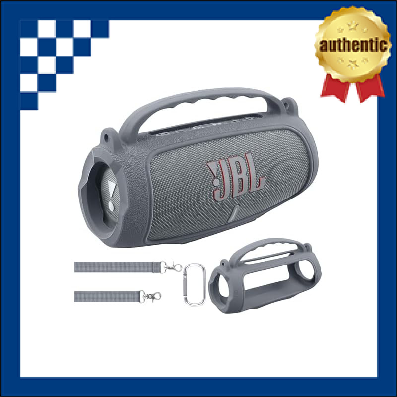 (Case only) Portable silicone case for JBL Charge 5 Bluetooth speaker with shoulder strap, gray - co