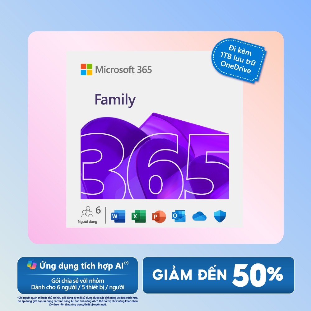Microsoft 365  𝐅𝐀𝐌𝐈𝐋𝐘 | 12 tháng | Dành cho tối đa 6 người| 5 thiết bị / người