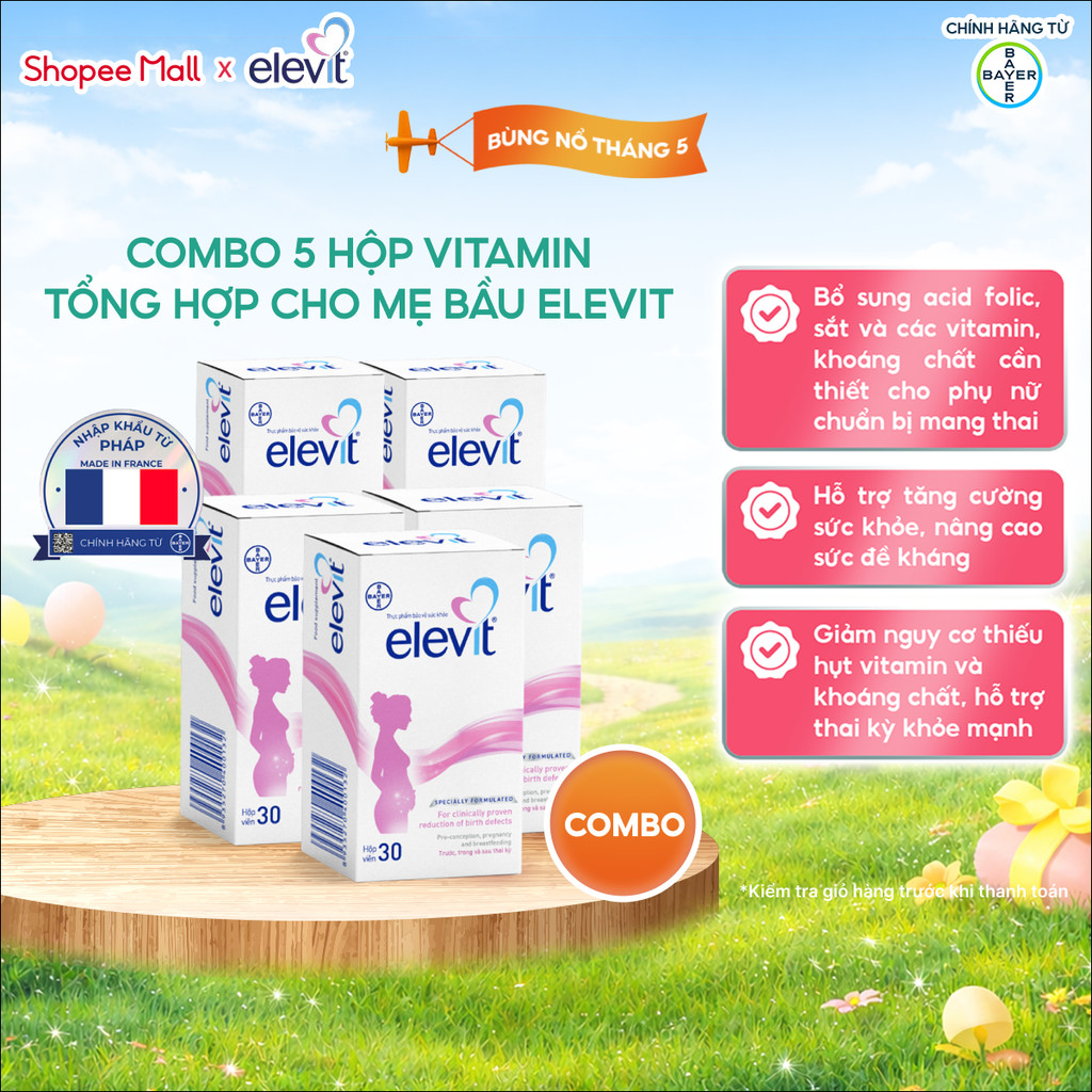 Bộ 5 Thực phẩm bảo vệ sức khỏe Elevit bổ sung Acid Folic, Sắt, Canxi, Các Vitamin và Các khoáng chất