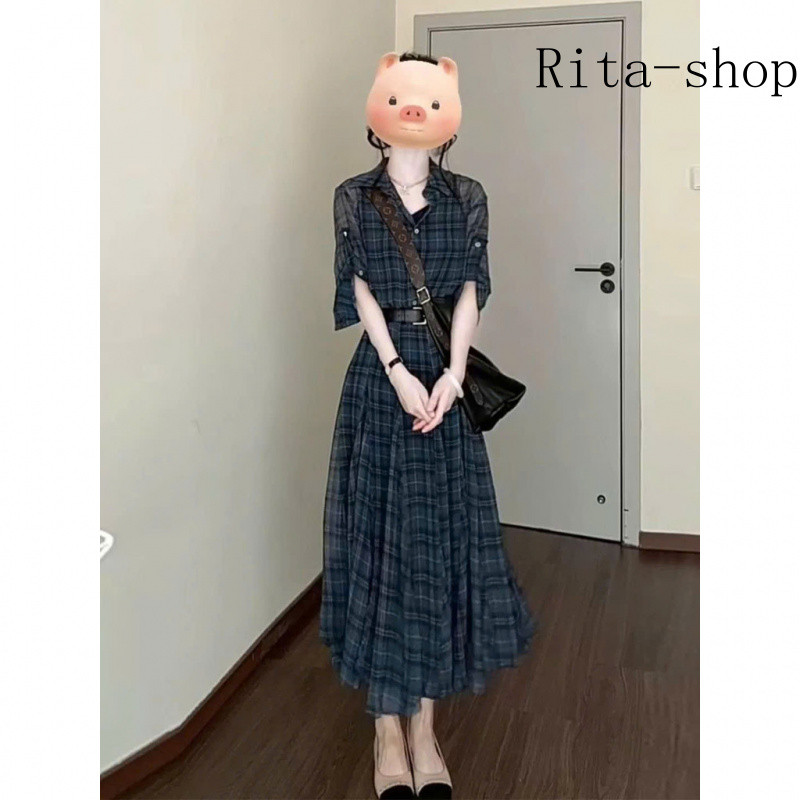 [Pre-Order] Váy Sơ Mi Caro Xanh Phong Cách Hàn Quốc Thanh Lịch Dáng Suông Che Dáng Hot Trend | BigBuy360 - bigbuy360.vn