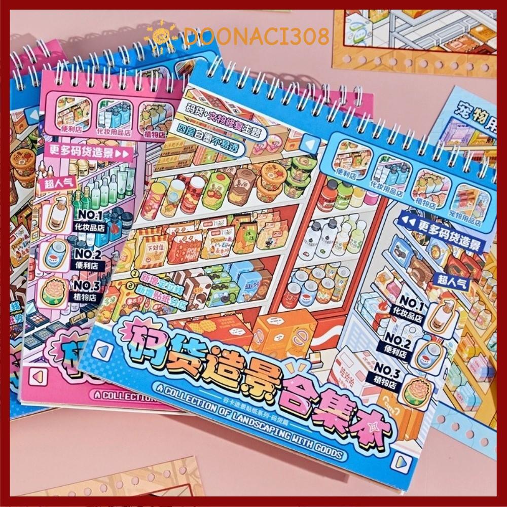 DOONACI308 Pocket Sticker Book, PET Creative Sticker Book, Die Cut Supermarket Scene 8 Cảnh Mini Pho
