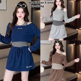 Set Bộ Đùi 3 Món Thun Bigsize Nữ Form Rộng Thiết Kế Cá Tính Áo Lệch Vai Thêu Chữ Kèm Áo 3 Lỗ và Quần Váy 40–110kg. 2621