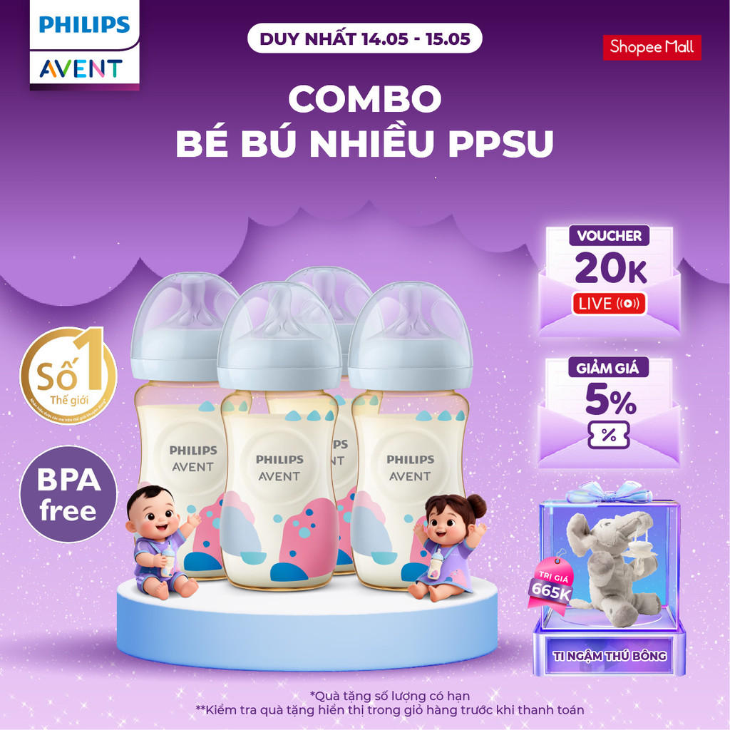 Combo bé bú nhiều PPSU - 4 Bình sữa mô phỏng tự nhiên PPSU Philips Avent, chống sặc, chống đầy hơi, 