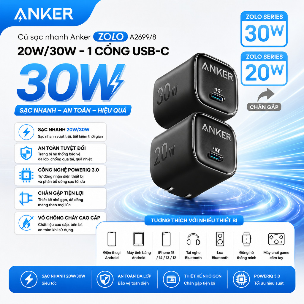 [GIAO HỎA TỐC] Củ sạc nhanh Anker 312 A2678 PD 20W / 33Wchân gập, nhỏ gọn, nhiều màu sắc bảo hành 12