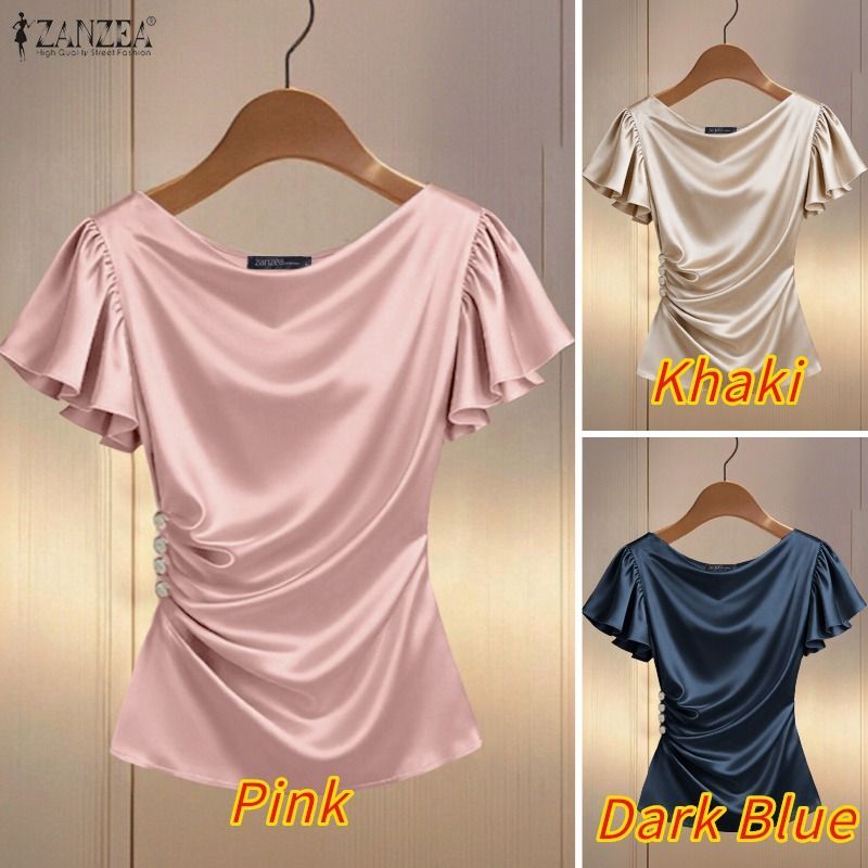 ZANZEA Nữ Vintage Thanh Lịch Sang Trọng Cổ Xoay Ruffle Tay Áo Xếp Ly Satin Chắc Chắn Áo | BigBuy360 - bigbuy360.vn