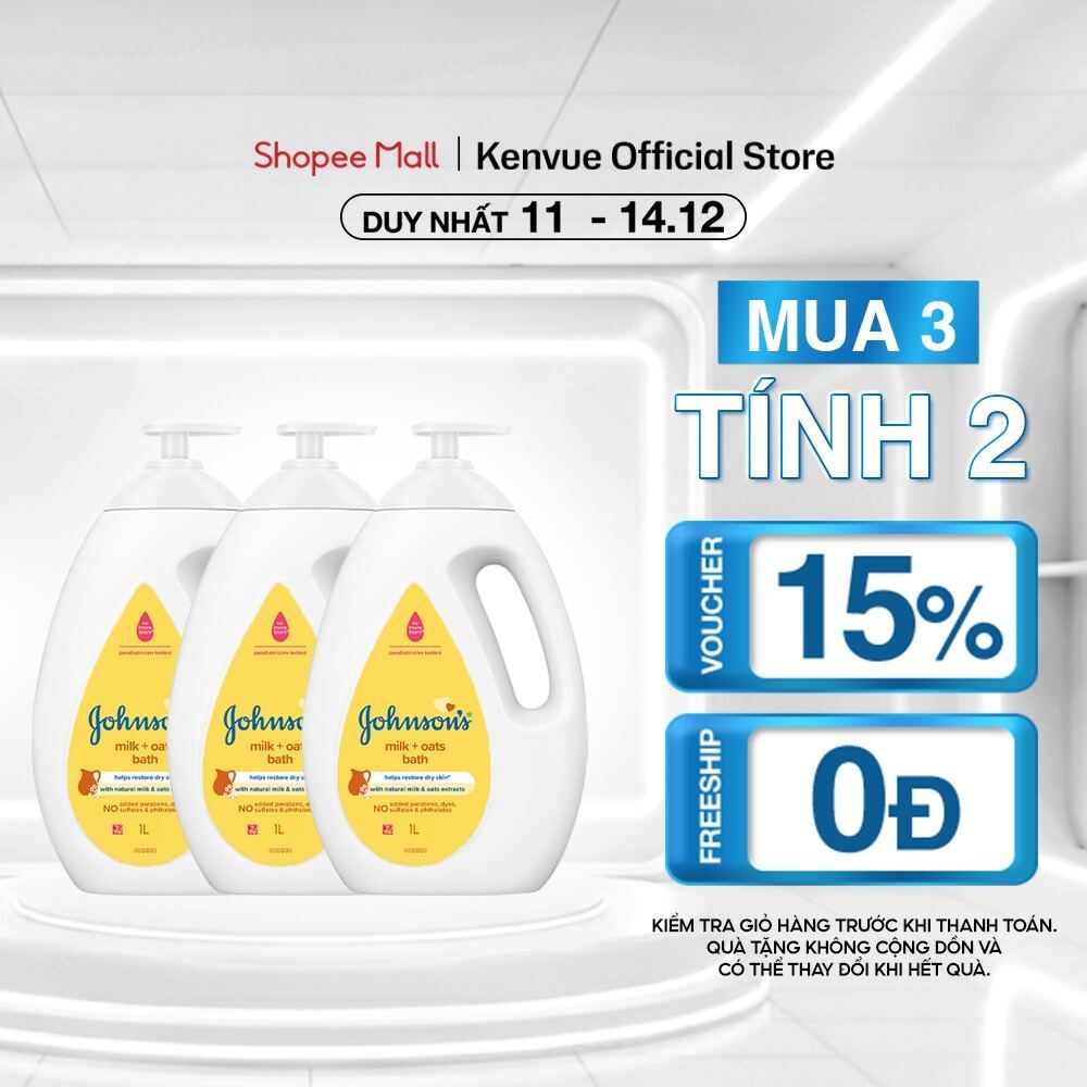 [MUA 3 TÍNH TIỀN 2] Combo 3 Sữa tắm Johnson's Baby Chứa Sữa & Gạo/Sữa Gạo & Yến Mạch/Sữa & Yến Mạch 1000ml/chai