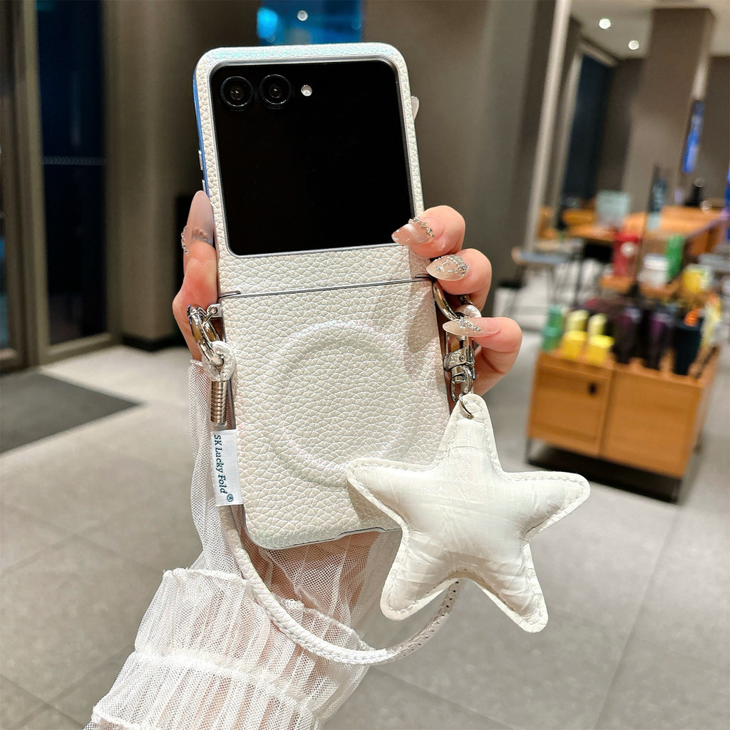 Ins Candy Color Lychee Họa Tiết Vỏ Điện Thoại Từ Tính Có Dây Da Ngôi Sao Cho Motorola Razr50 Razr 50