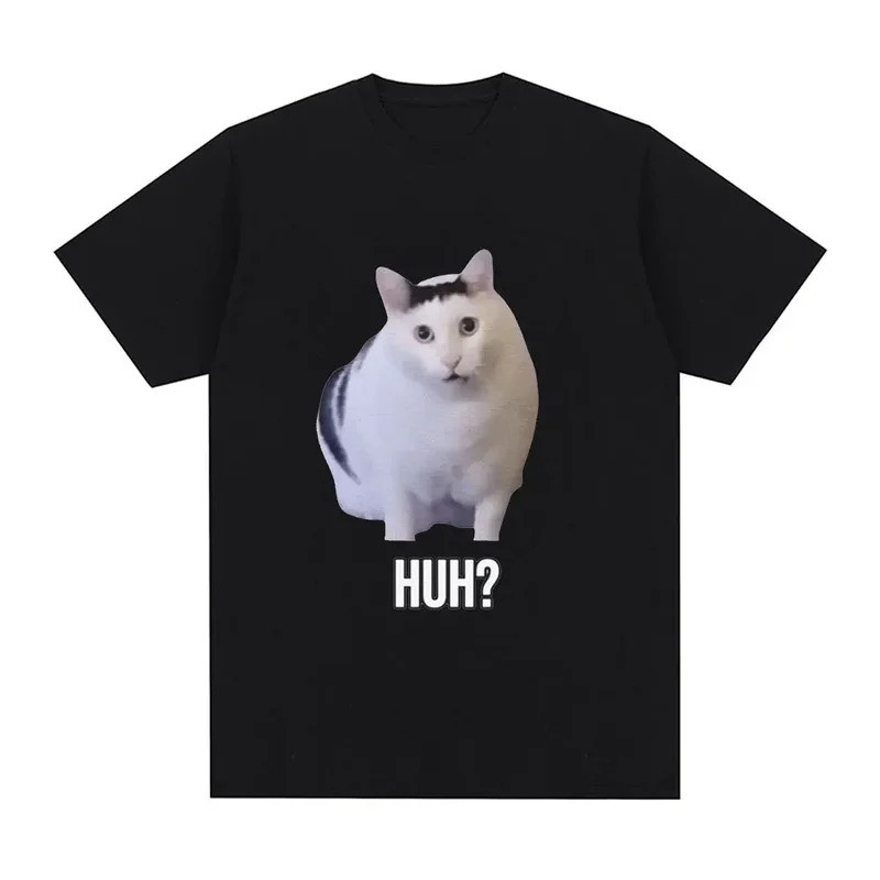 Mèo nói Huh? Ngộ nghĩnh Meme Áo nam Nữ 100% Cotton Thoáng Khí Tay Ngắn Quá Khổ Áo Sơ Mi