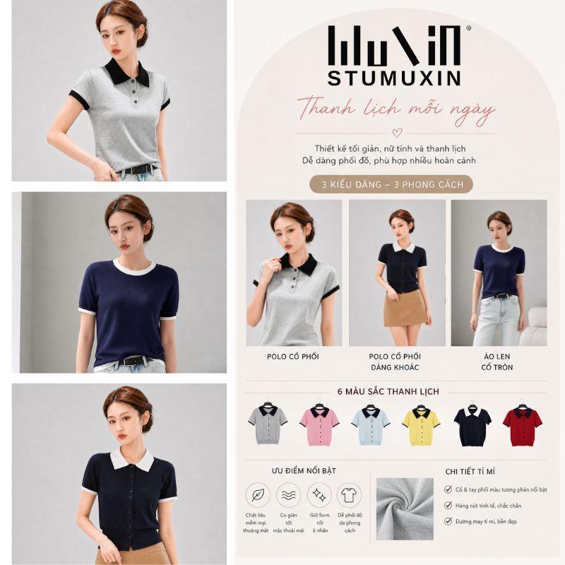 Áo sơ mi Polo ngắn tay dành cho nữ MUXIN, vải dệt kim mềm, thiết kế viền tương phản bắt mắt, tông mà