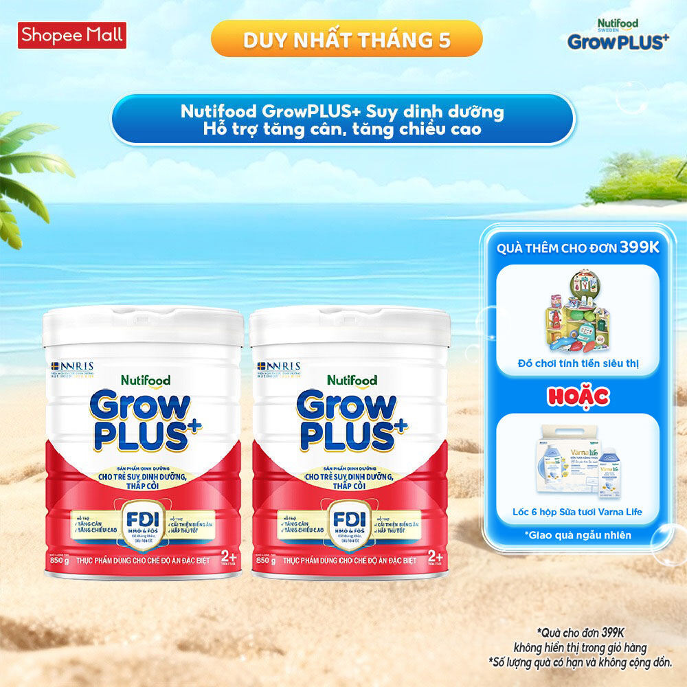 Combo 2 Sữa bột Nutifood GrowPLUS+ Đỏ (Suy Dinh Dưỡng) trên 2 tuổi (2 lon x 850g) - Grow Plus+
