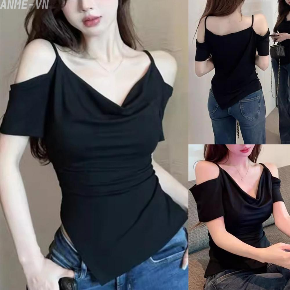 【ANME】Off Shoulder T-shirt Easy Care Polyester Fabric Medium Stretch Regular Length