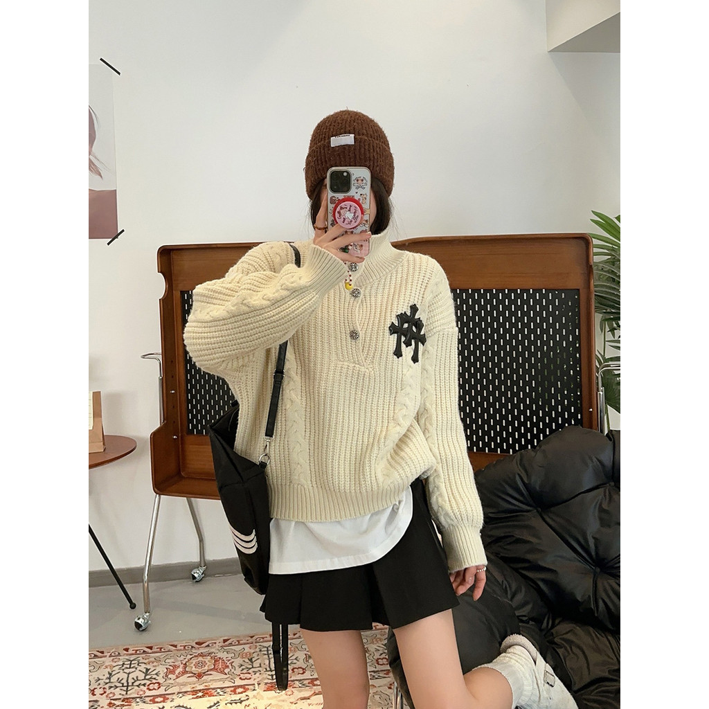 FZT8 Chrome Hearts  Korean Retro High Collar Twist Thickened Warm Pullover Sweater Autumn Winter Pat