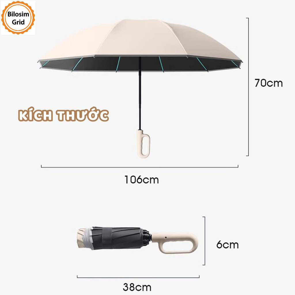 Ô dù cỡ lớn, ô dù tự động gấp gọn, 60 nan, che mưa và nắng, tay cầm dạng vòng, viền vải phản quang.