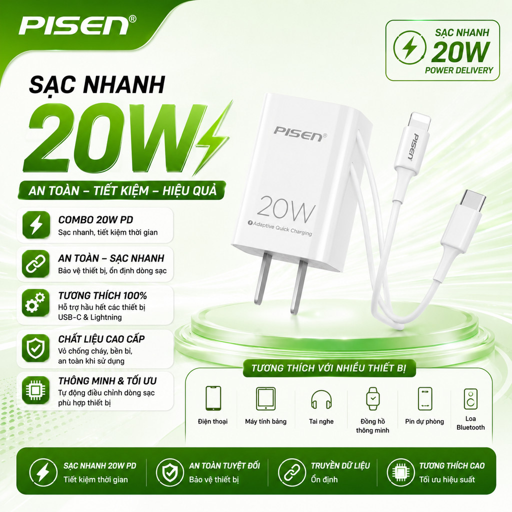 [ PISEN 20W / 30W  ] Combo Sạc + Cáp PISEN Quick PD 20W ( & Type-C 3A ZINC Alloy)  -Có bán lẻ củ và 