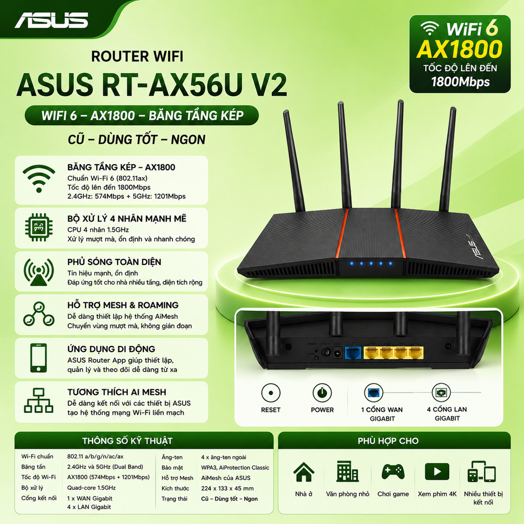 ( Cũ ) Router Wifi ASUS RT-AX56U V2, Wifi 6, Băng tầng kép Chuẩn AX1800 Cũ dùng tốt ngon
