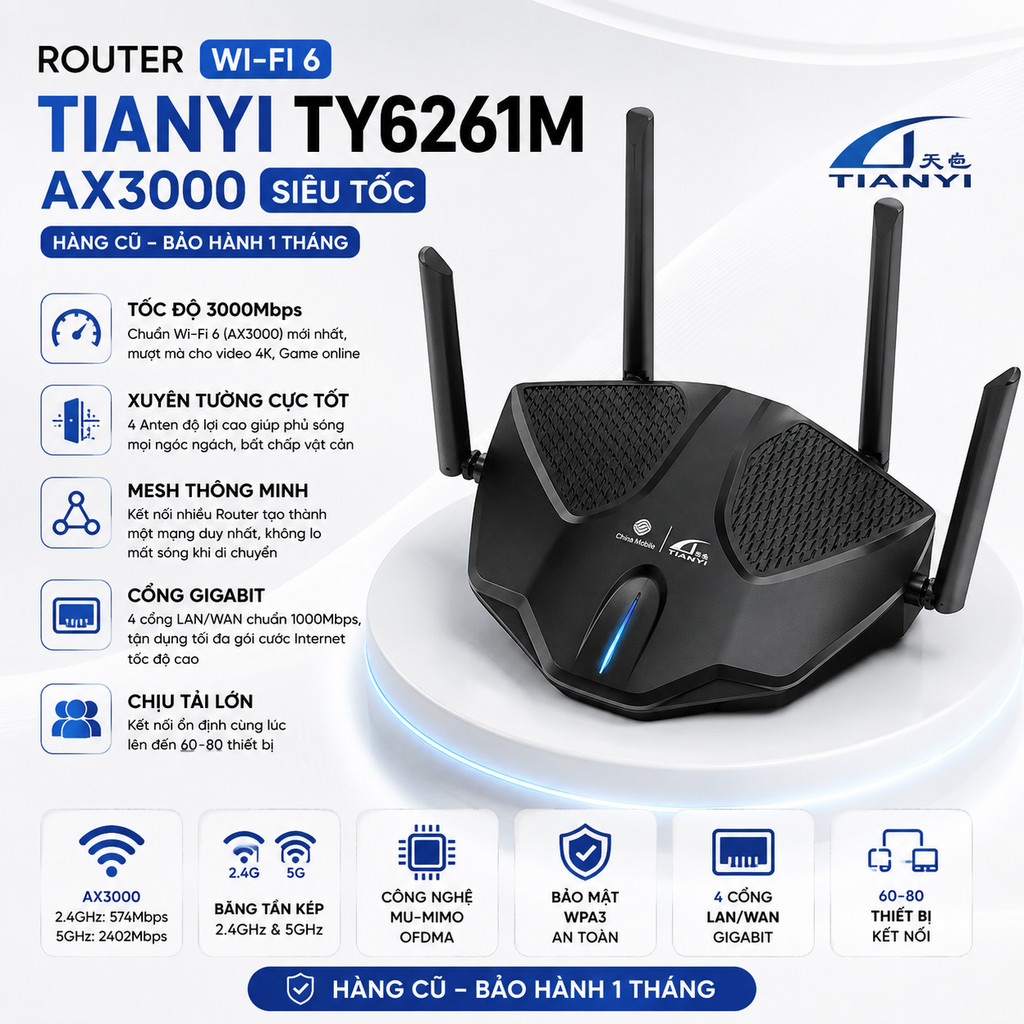 Bộ Định Tuyến Gigabit Tianyi Ty6261m Wifi6 Mới 3000M Băng Tần Kép Mạng Mesh Thông Minh Tốc Độ Cao Xu