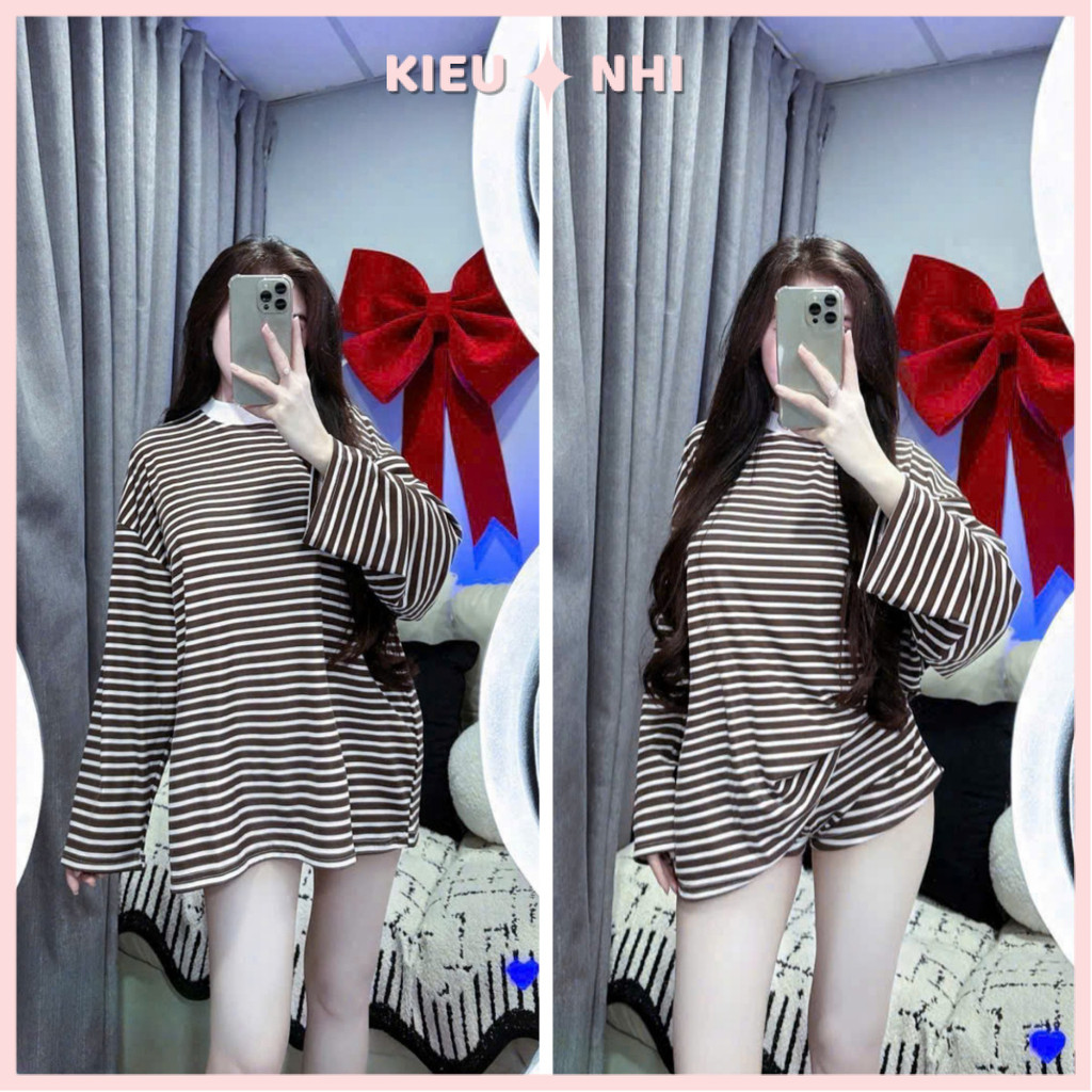 Set Bộ Nữ Áo Thun Tay Dài Kẻ Sọc Ngang Kèm Quần Short Cạp Cao Đùi Tôn Dáng Sexy