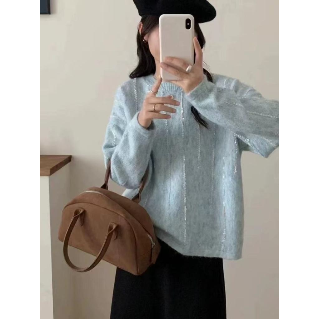 Ngọt Ngào Nhiều Màu Sắc Mềm Mại Áo Len Nữ Thu Đông Phong Cách Mới Lười Phong Cách Cổ Tròn Áo Len Mỏn