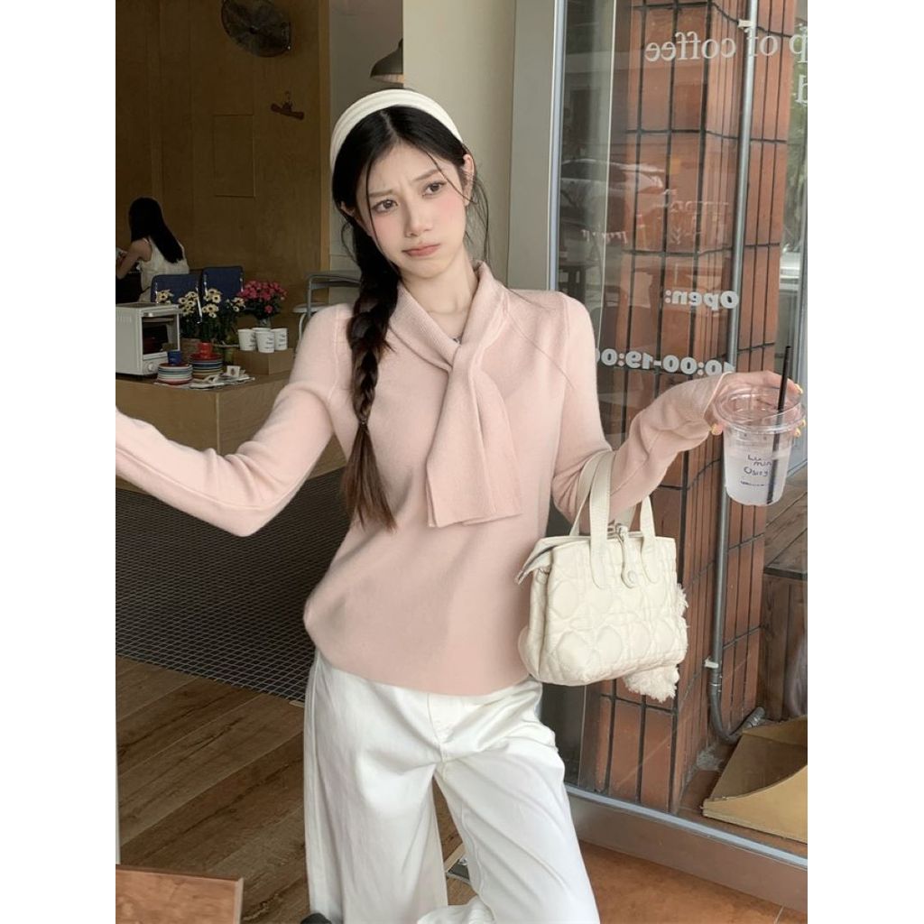 [Nước giặt lông cừu Andy] Thiết kế Sense Cổ áo dệt kim màu trơn Áo sơ mi đáy nhẹ nhàng Thu đông Than