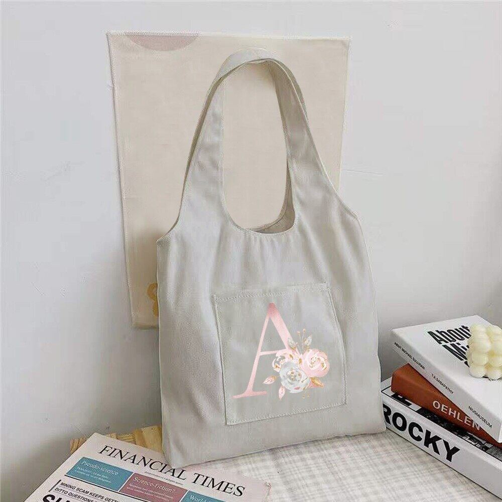 Women Shopper  Bag Canvas Tote Bag Fashion Pink Flower  Bag Reusable Supermarket Tote Shopping Bag C