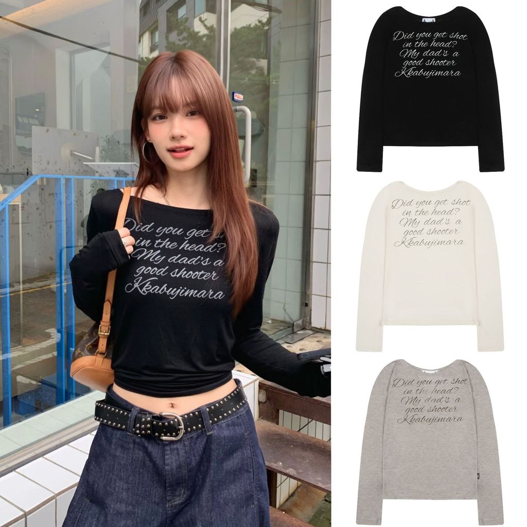 Gila archive Letter-print semi-transparent long-sleeve casual Korean-style versatile top by Kim Ji-n