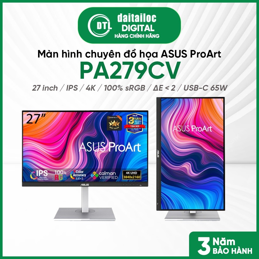 Màn hình chuyên đồ họa ASUS ProArt PA279CV 27 inch IPS 4K 100% sRGB ΔE < 2 USB-C 65W I Chính hãng I 