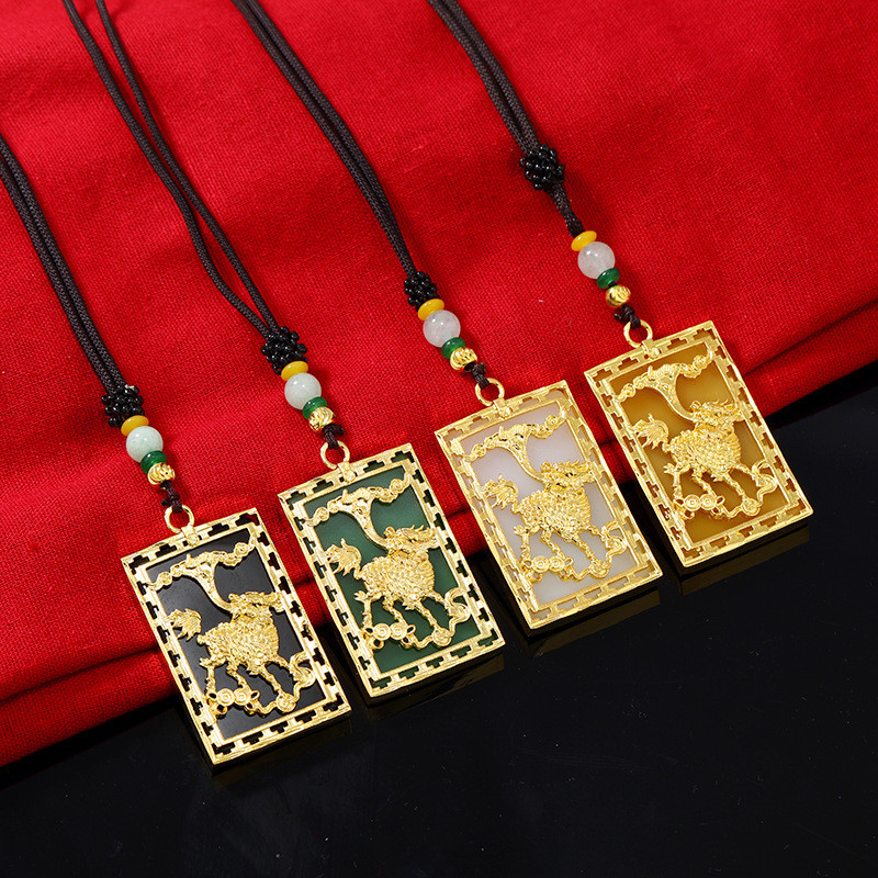 Popular~Ancient-style alloy Qilin pendant necklace with jade and black obsidian dragon plaque, men's