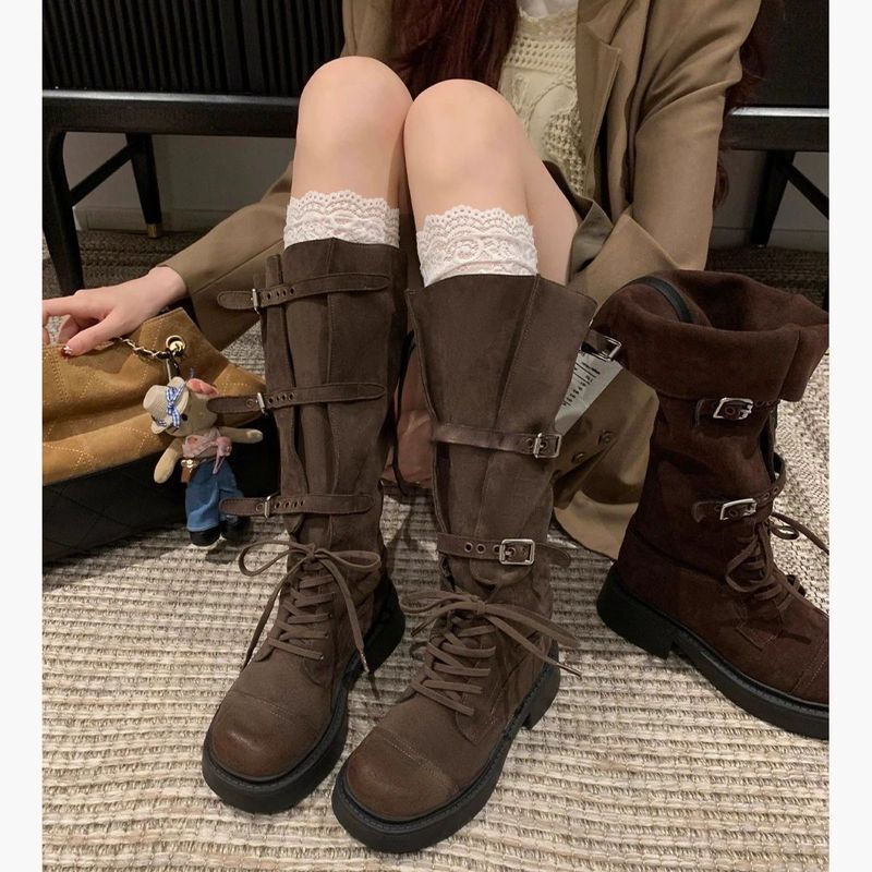 2025 Phong Cách Mới Retro Cowboy Knight Boots Không Đầu Gối Dày Gót Dày Ống Lớn Cao-Tu