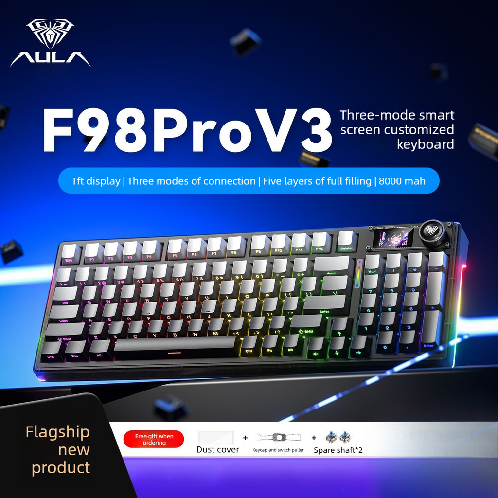 Bàn phím cơ tùy chỉnh AULA F98Pro V3 có màn hình thông minh, Miếng đệm in bên RGB & Hot-Swap để chơi