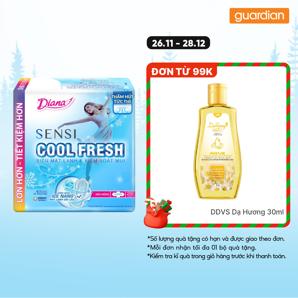 Băng Vệ Sinh Siêu Mỏng Cánh Sensi Cool Fresh 23cm Diana 20 Miếng