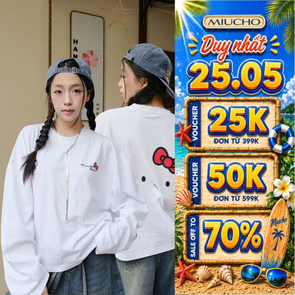 Áo thun boxy tay dài Miucho chất vải thoáng mát cổ tròn đứng form BST hình free style in mix sắc nét