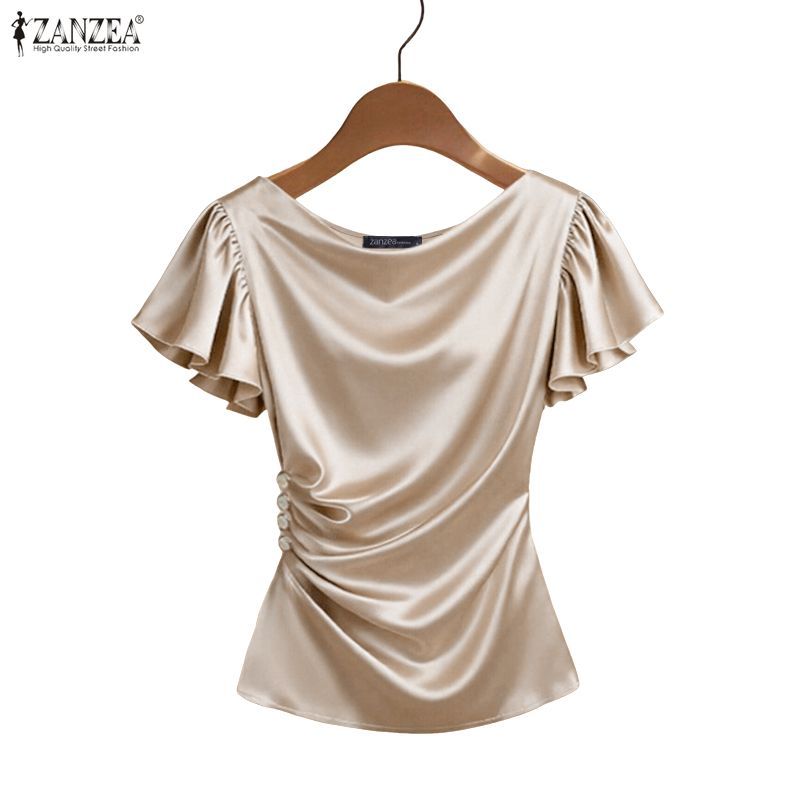 ZANZEA Nữ Vintage Thanh Lịch Sang Trọng Cổ Xoay Ruffle Tay Áo Xếp Ly Satin Chắc Chắn Áo | BigBuy360 - bigbuy360.vn