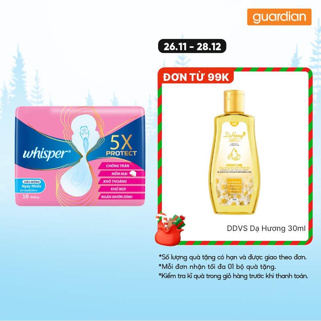 Băng Vệ Sinh Whisper Ban Đêm Skin Love 28cm 16 Miếng