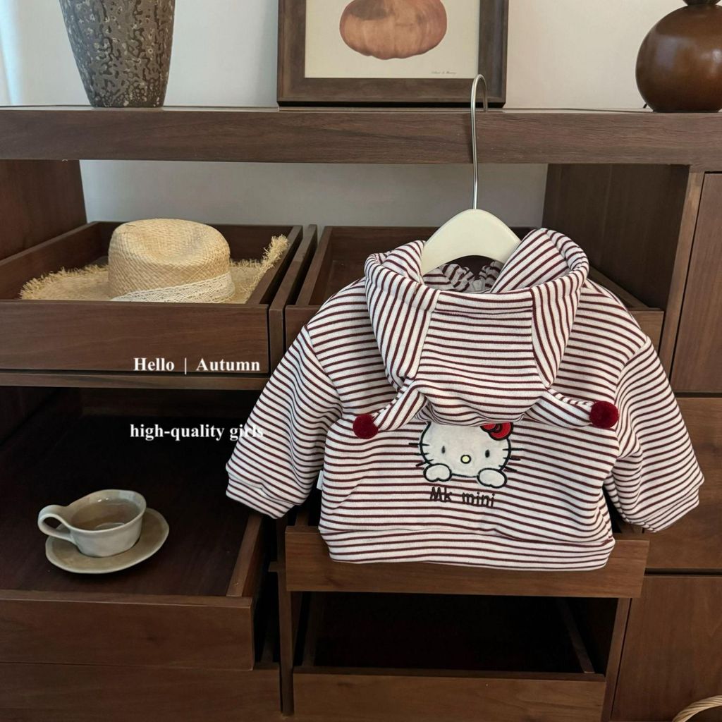 Bé Gái Lông Cừu-Fleece-Fleece-Fleece Jacket 2025 Phong Cách Hàn Quốc Bé Gái Hoạt Hình kt Mèo Sọc Áo 