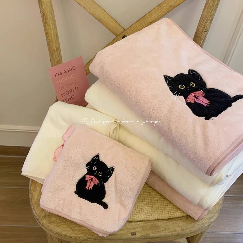 Women's Bath Towel Water-Absorbing Quick-Drying Facecloth Wrapping Towel Cute Summer Cartoon Cat Bat
