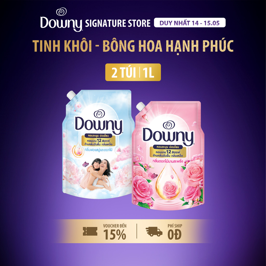 Combo Nước Xả Vải Downy Mix Mùi Tinh Khôi 1L + Bông Hoa Hạnh Phúc 1L