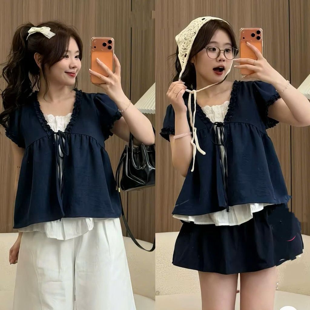 Áo form babydoll dễ thương chất đũi hàn tay ngắn cổ V phối ren bèo 2 lớp nhiều màu hot hit. HÀNG MỚI VỀ | BigBuy360 - bigbuy360.vn