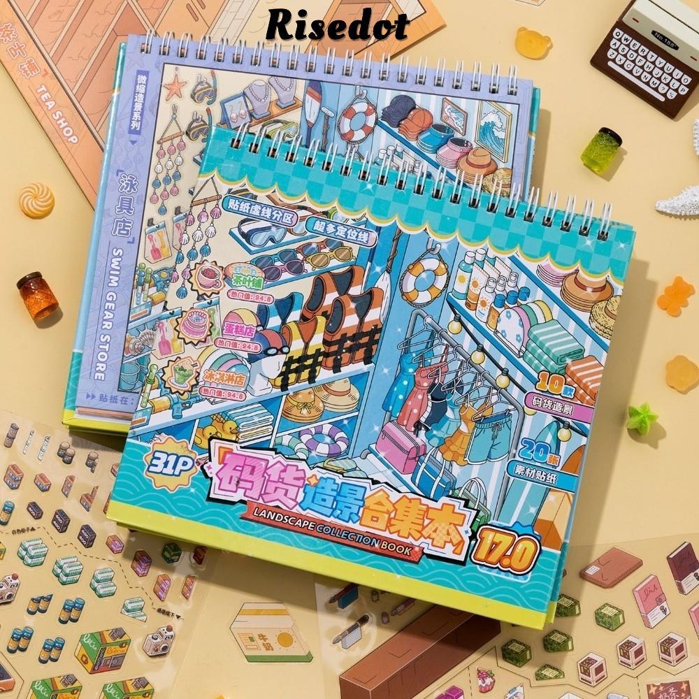 RISEDOT Sticker Book, Shop Scene PET Scenery Sticker, Sách Đồ Bơi Bưu Điện 10 Cảnh Xếp Chồng Miếng D