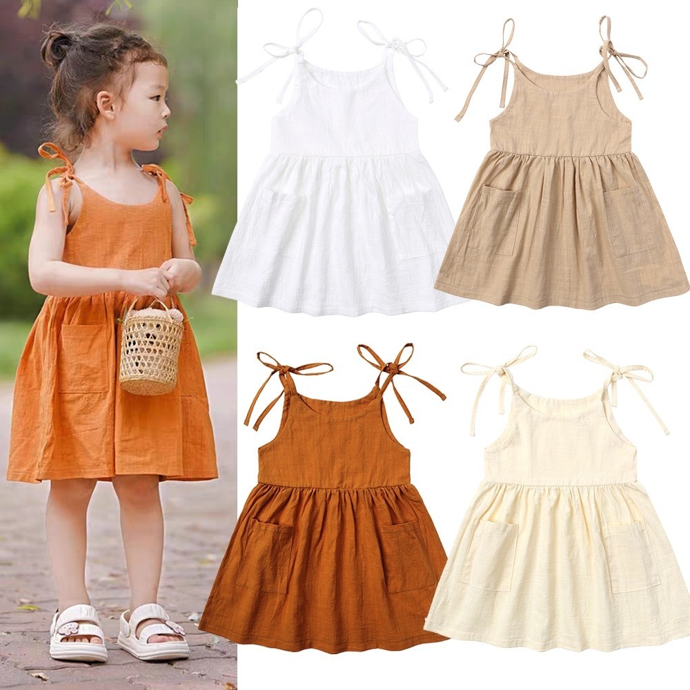 6Months-6Months Bé Gái Sling Đầm Trẻ Sơ Sinh Bé Gái Vải Lanh Cotton Quần Áo Rời Túi Kỳ Nghỉ Đầm