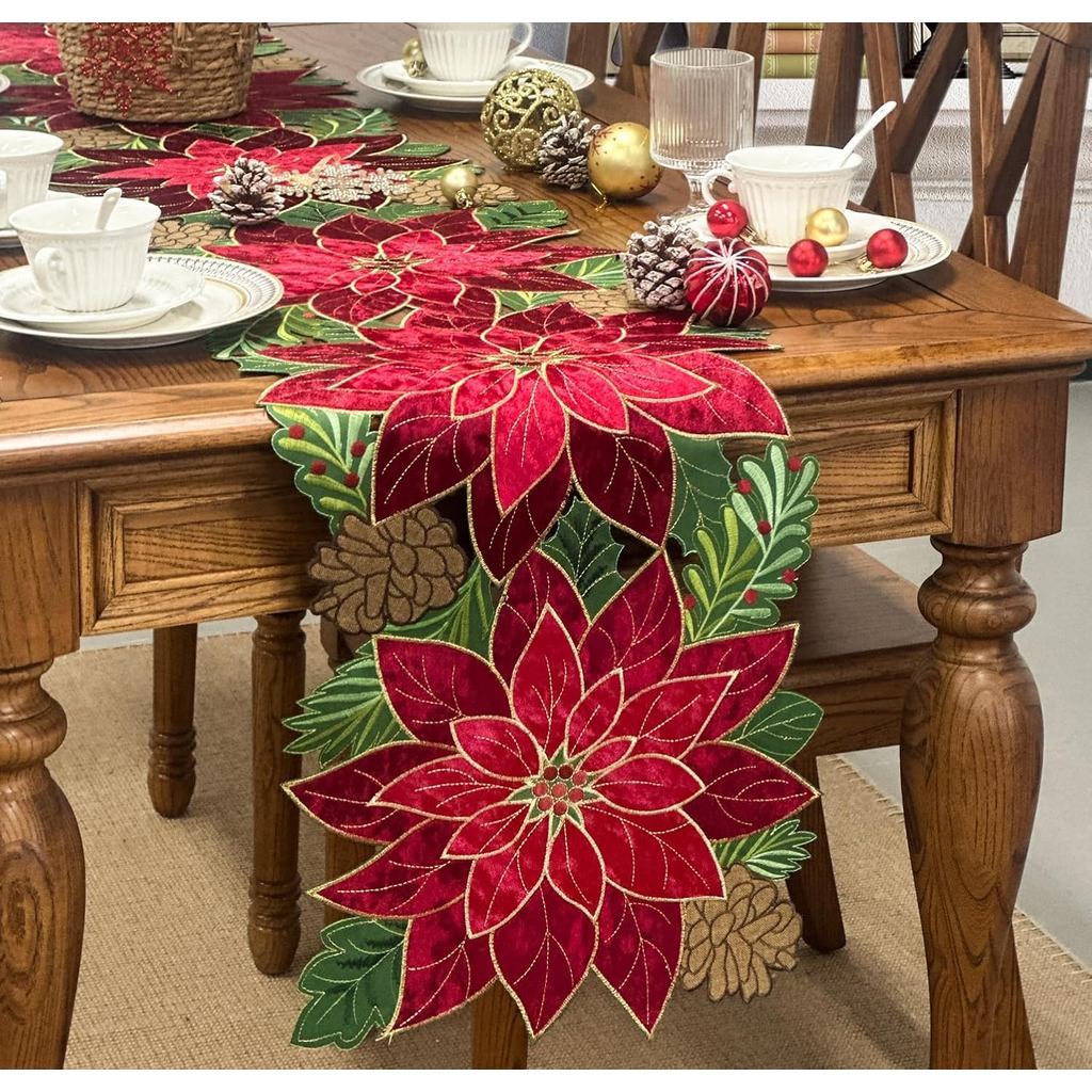 KEVA Ngày lễ Giáng sinh Bàn chạy dài 72 Inch, thêu nhung đỏ Poinsettia Cutwork Trang trí bàn Giáng s