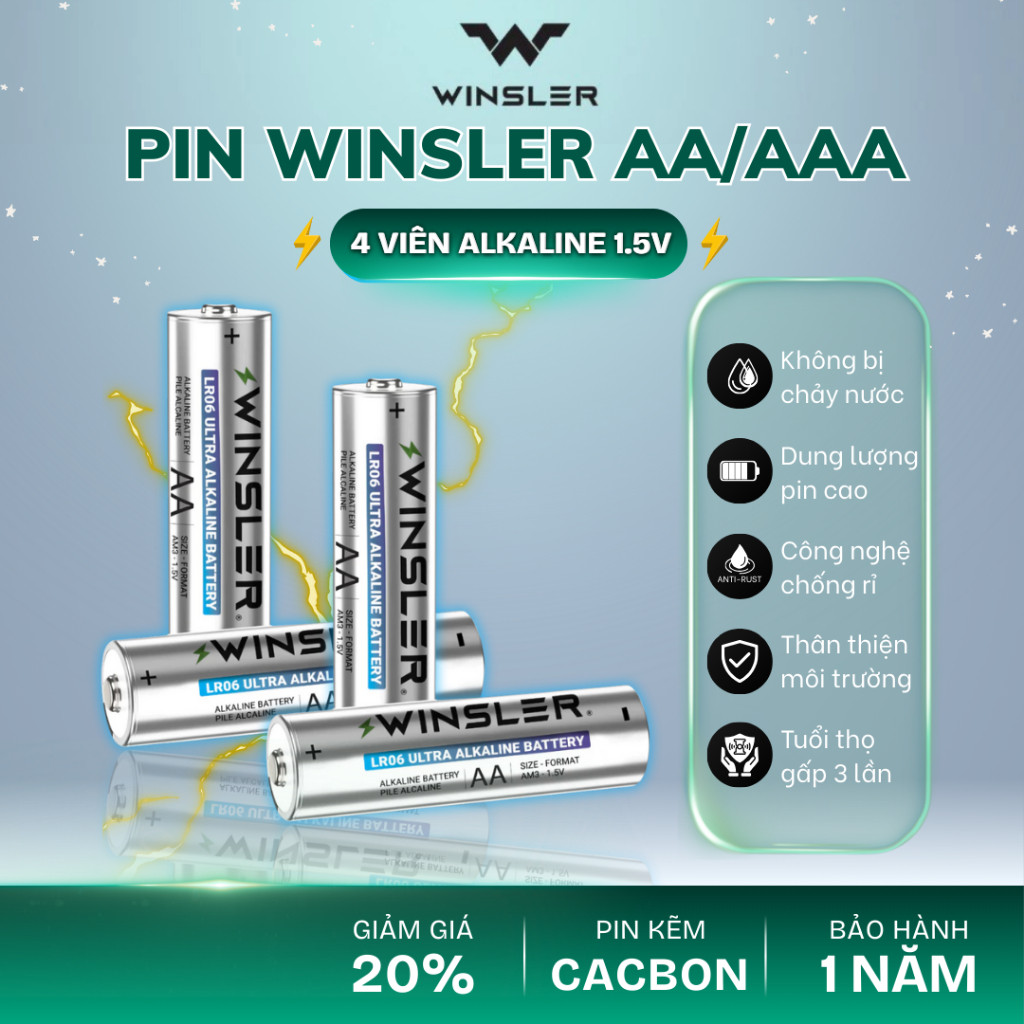 Pin WINSLER AA/AAA 4 viên Alkaline 1.5V, sức mạnh vượt trội, tuổi thọ dài lâu, Pin không sạc lại