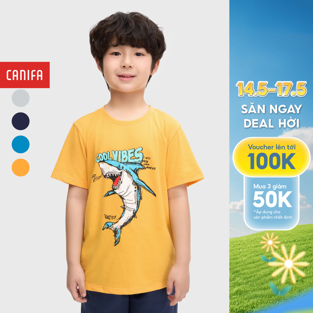 Áo phông bé trai CANIFA cổ tròn tay ngắn có hình in chất liệu cotton pha thoáng mát 2TS25S008