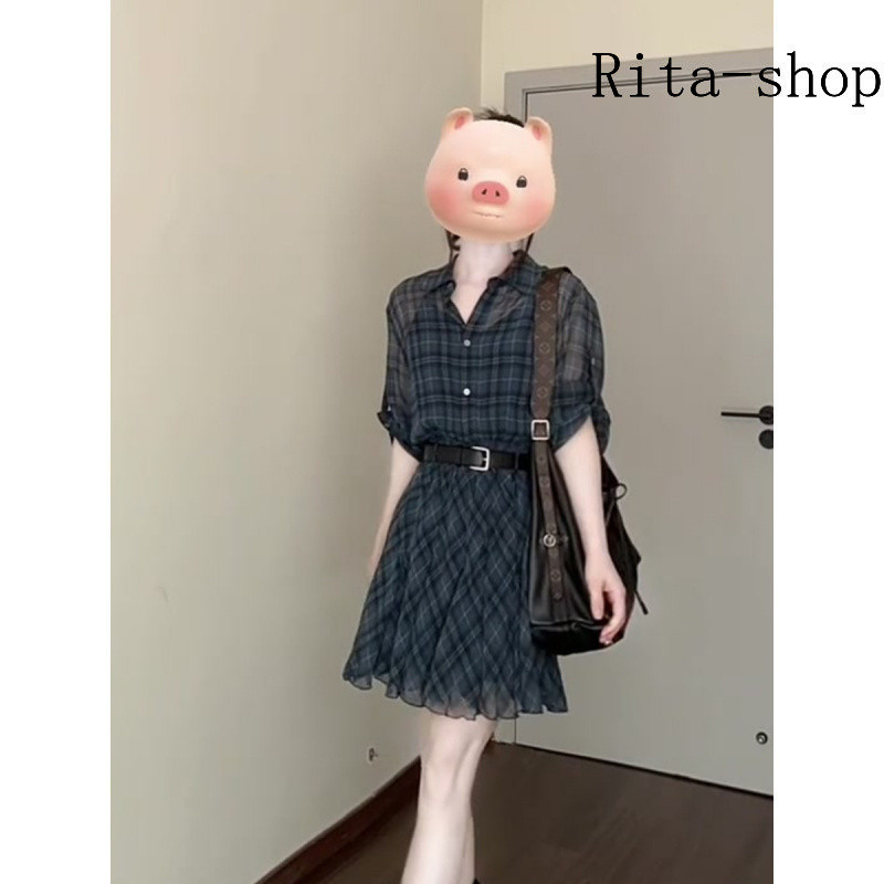 [Pre-Order] Váy Sơ Mi Caro Xanh Phong Cách Hàn Quốc Thanh Lịch Dáng Suông Che Dáng Hot Trend | BigBuy360 - bigbuy360.vn