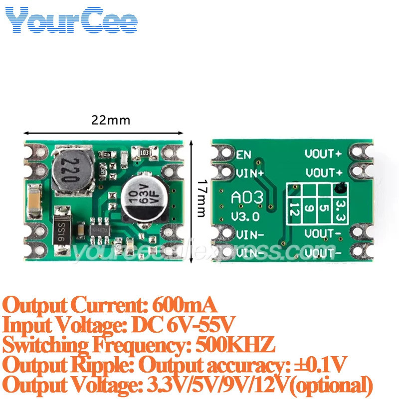 5 Cái / 1 Mini DC-DC Bước Xuống Buke Mô-đun cấp nguồn 0.6A 6V-55V đến 3.3V / 5V / 9V / 12V Đầu ra 60