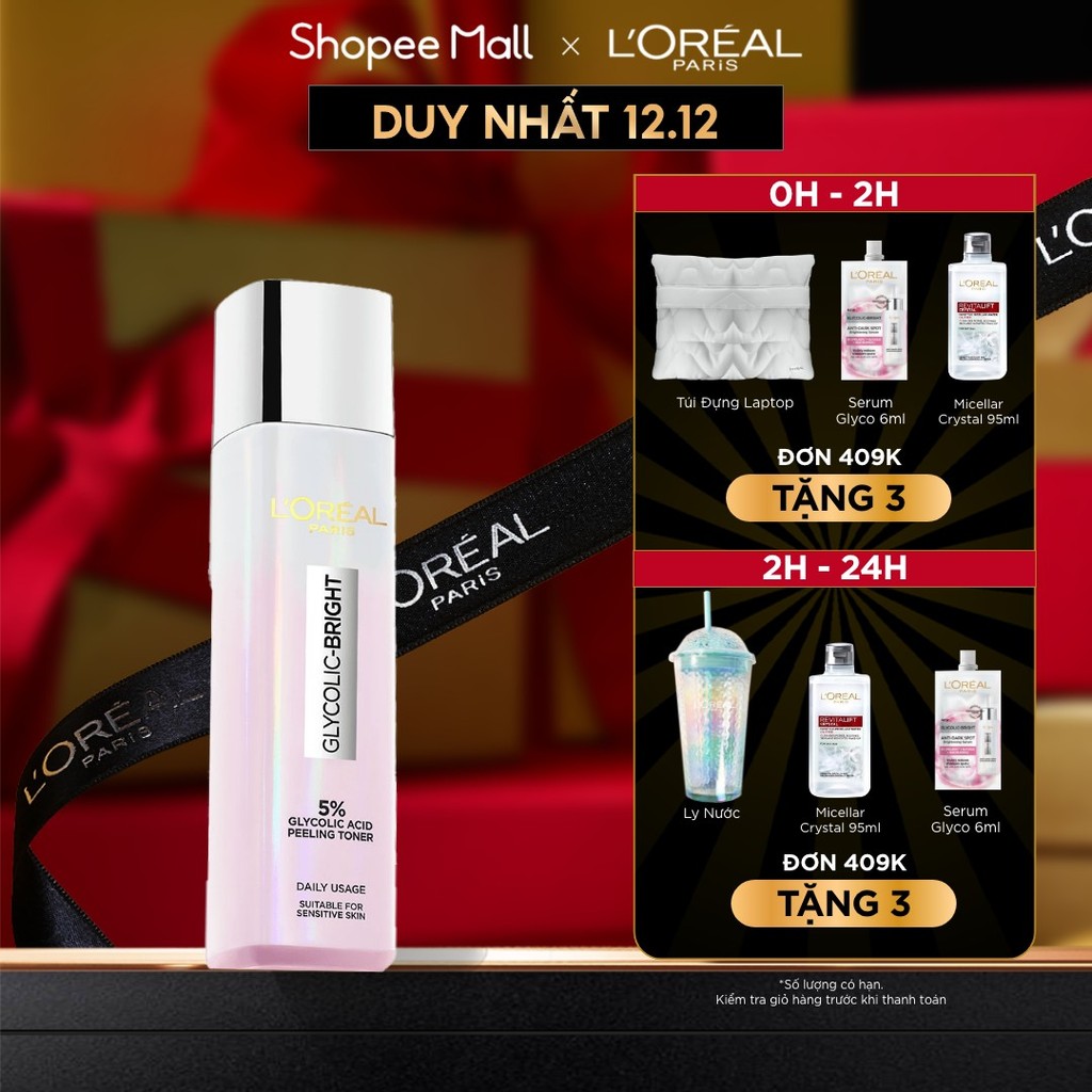 Nước Dưỡng Thúc Đẩy Tái Tạo Da, Làn Da Trông Sáng Và Căng Mịn L’Oreal Paris Glycolic Bright Peeling Toner 128Ml
