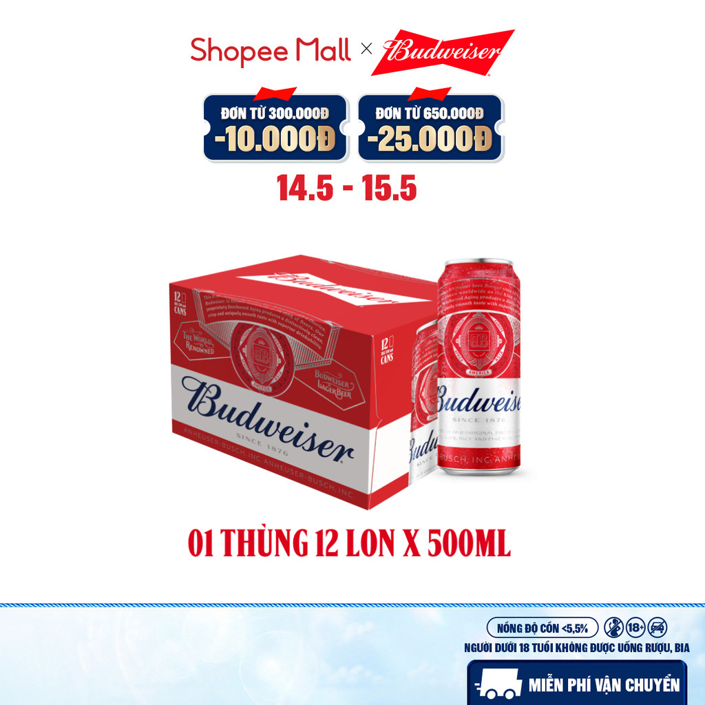 Nồng Độ Cồn 5.0% - Thùng 12 Lon Bia Budweiser (500ml/lon)